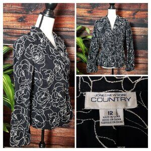 Jones New York Country Vintage Blazer Jacket 12 Black White Embroidered Cotton